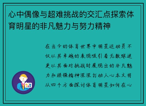 心中偶像与超难挑战的交汇点探索体育明星的非凡魅力与努力精神